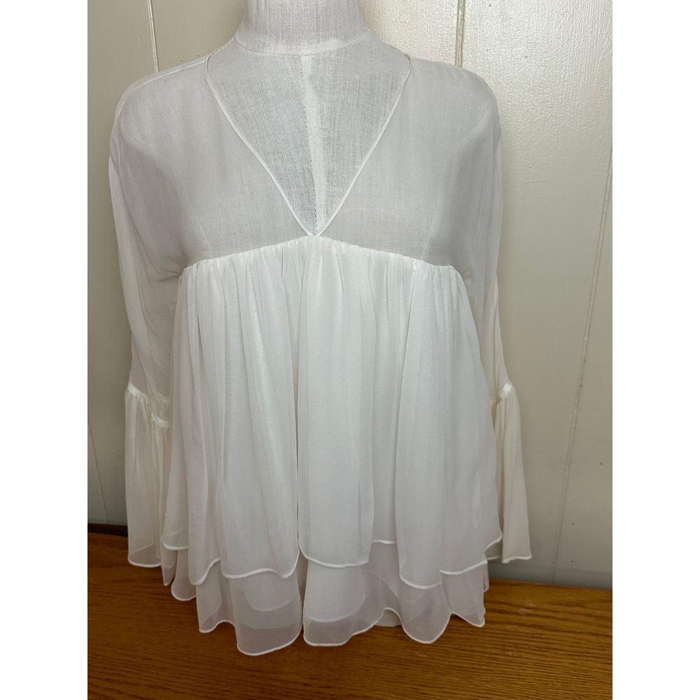 Elizabeth and James Top Women's Small Solid Ivory Silk Alanis Tiered Long Sleeve